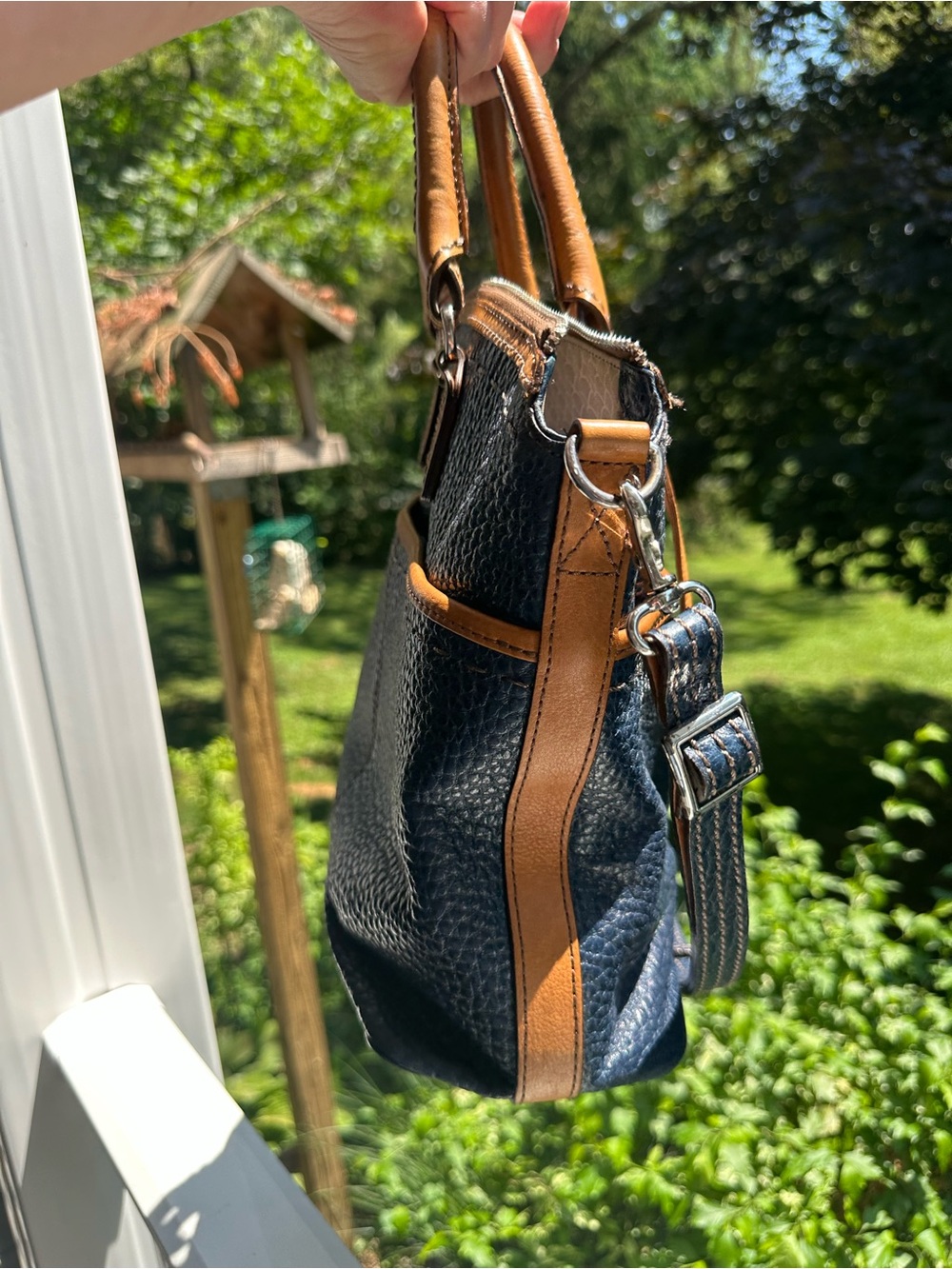 Brighton Navy Blue pebbled leather with Tan Leather Patch Tote - Picture 4 of 15